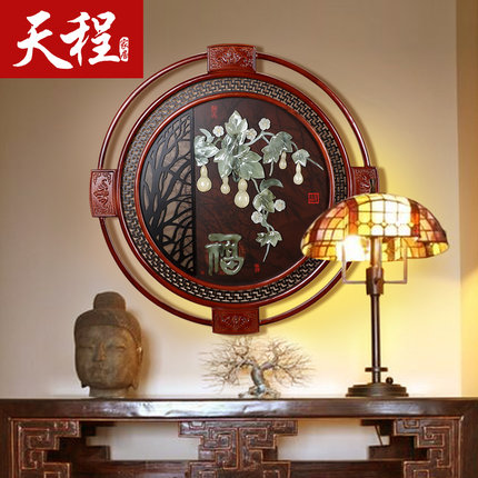 中式玉雕画挂件装饰画玄关客厅背景墙壁画立体雕刻实木玉石画木雕