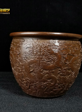 铜器铜双龙缸聚宝盆故宫缸水缸家用香炉办公桌面烟灰缸摆件