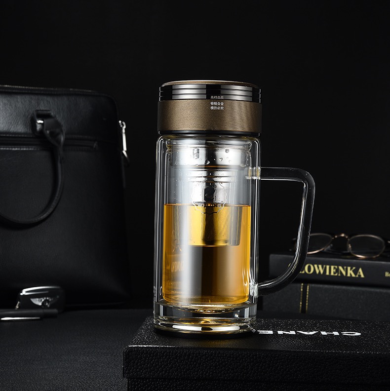 卧龙水晶玻璃杯2358-9礼品盒泡茶杯茶水分离杯双层玻璃