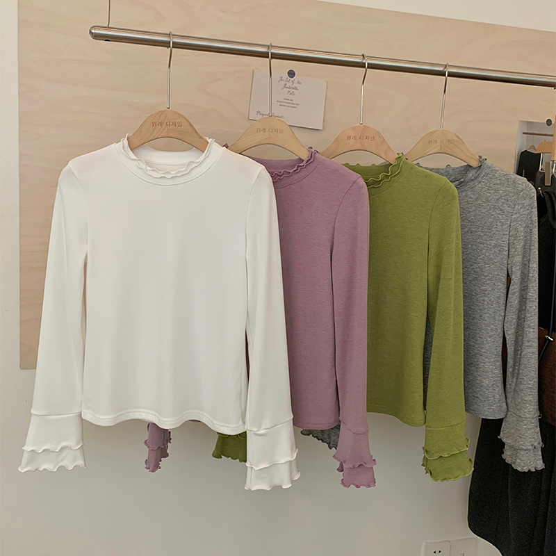 花花家韩系2025秋冬新款高圆领内搭木耳边花边长袖T恤女打底衫女