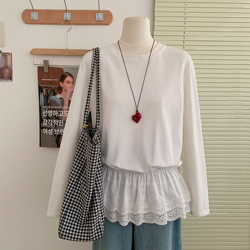 花花家2025秋冬新款花边拼接白色内搭打底衫女正肩长袖t恤上衣女