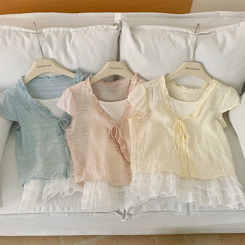 花花家韩系甜美荷叶花边短袖小衫少女夏蛋糕无袖吊带上衣两件套装