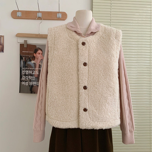 花花家韩系2025秋冬新款羊羔毛马甲女圆领纽扣开衫百搭叠穿外套女