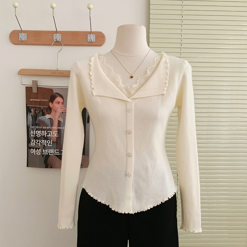 花花家韩系2025秋冬新款打底衫甜美花边拼接长袖针织T恤上衣女