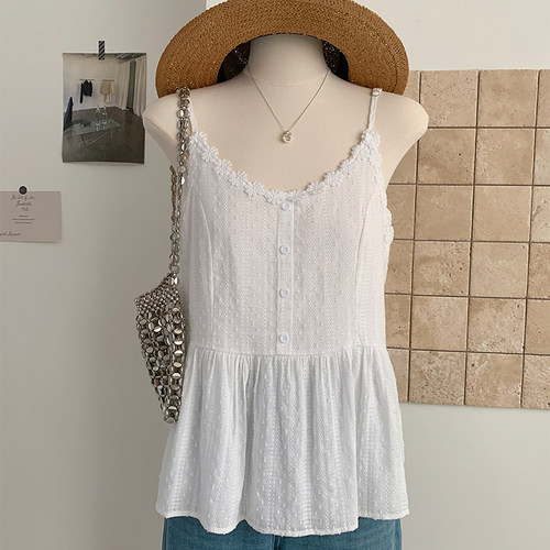 花花家韩系小清新花朵吊带背心女夏百搭减龄白色荷叶边小衫上衣