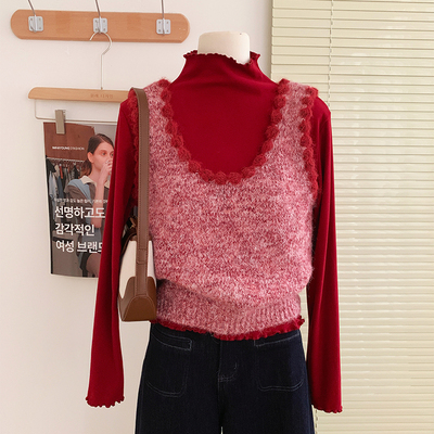 花花家韩系2025冬季新款红色新年花边针织马甲女叠穿百搭毛衣背心