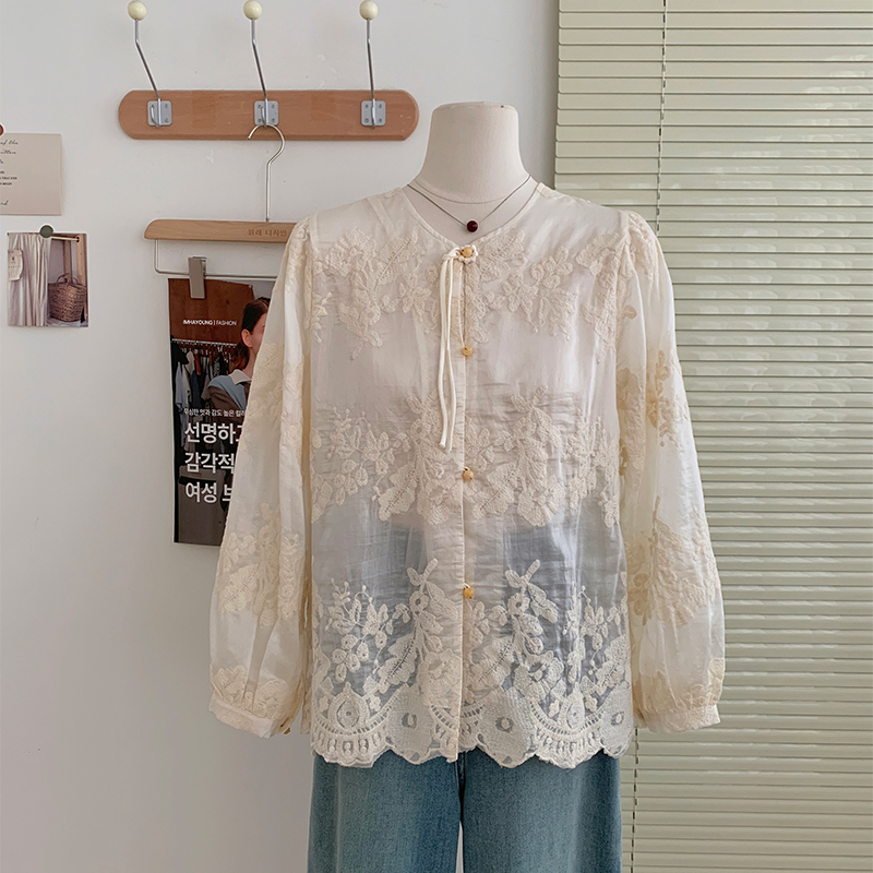 【限量清仓】花花家韩系秋季新款新中式圆领上衣复古刺绣长袖衬衫