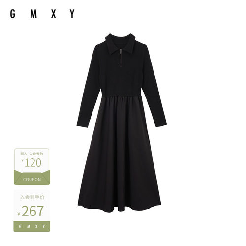 古木夕羊法式拼接半拉链连衣裙女修身显瘦百搭中长裙GS410184018