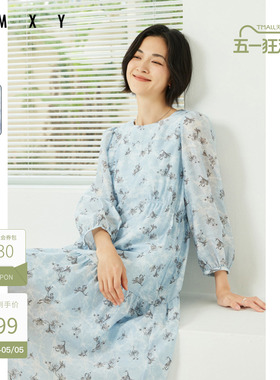 古木夕羊长袖圆领碎花连衣裙女秋季法式设计感休闲长裙