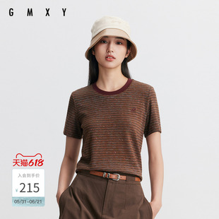 古木夕羊秋季复古宽松条纹撞色领设计短袖T恤女GR550091013