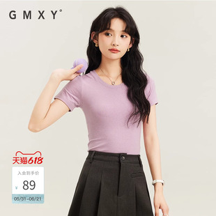 古木夕羊休闲短袖圆领修身薄款T恤女夏纯色显瘦套头衫