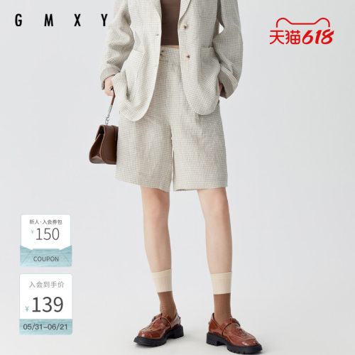 古木夕羊通勤宽松格子短裤女休闲百搭高腰休闲裤GS41014008