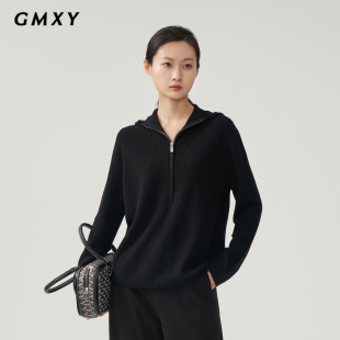 女2024冬季 古木夕羊轻薄减龄纯色连帽毛衫 简约显瘦宽松毛衣