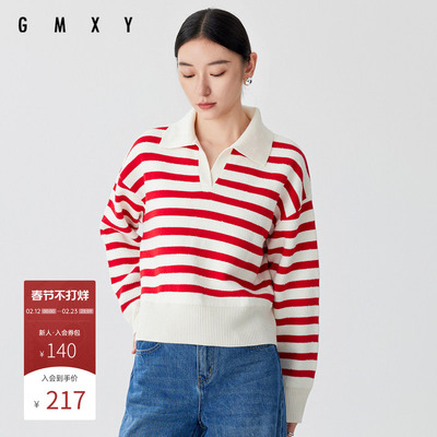 古木夕羊春季简约时尚条纹设计套头毛衣女翻领减龄上衣GS41003009