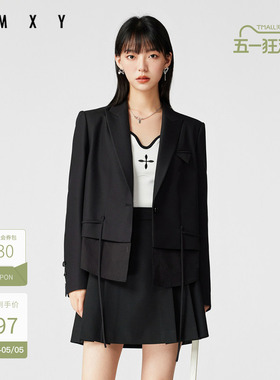 古木夕羊秋季简约纯色拼接设计西装女气质百搭短外套GS35022005