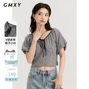 古木夕羊法式系带蝴蝶结小衫女夏季新款V领格子衬衫上衣