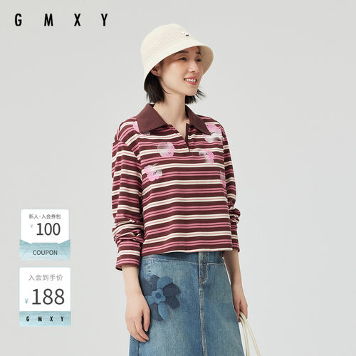 古木夕羊洋气条纹设计翻领印花长袖T恤女GS510091007