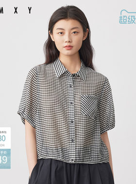 古木夕羊夏季新款简约气质格子翻领短袖衬衫女GS530082009