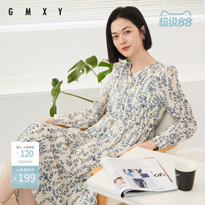 古木夕羊时尚法式碎花长袖连衣裙女秋季V领修身显瘦印花中长裙