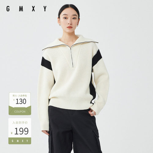 古木夕羊冬季时尚宽松拼接撞色设计大翻领套头毛衣女GS37003010