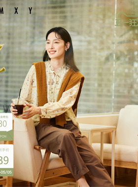 古木夕羊法式木耳边绣花衬衫女秋季V领系带时尚长袖衬衣