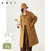 古木夕羊羊毛纯色毛呢大衣女秋双排扣设计长款 外套