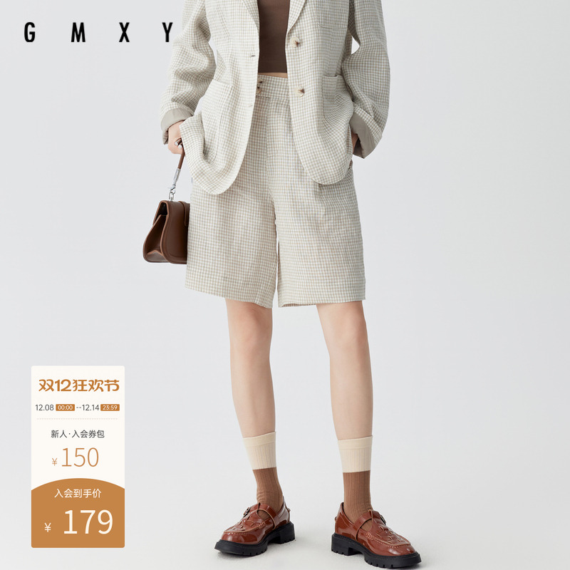 古木夕羊通勤宽松格子短裤女休闲百搭高腰休闲裤GS41014008