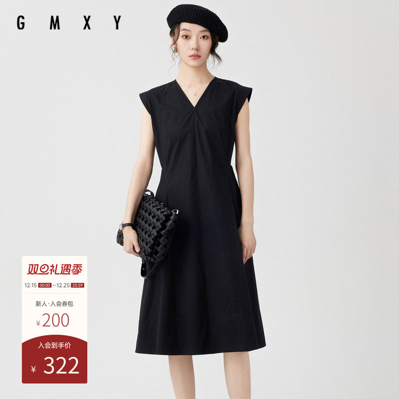 古木夕羊2024夏季新品纯色V领无袖连衣裙女GS430182003