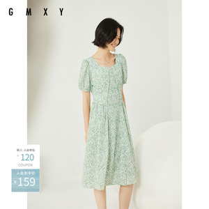 古木夕羊绿色法式碎花连衣裙女夏季方领气质显瘦A字裙