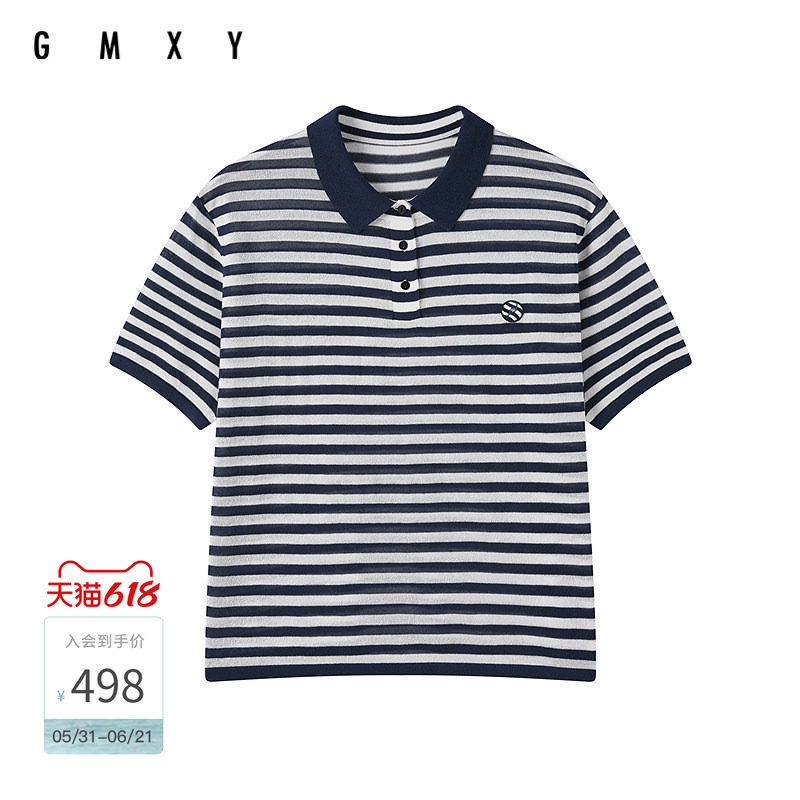 古木夕羊夏季新款条纹翻领短袖撞色休闲显瘦女款POLO衫GR63034016