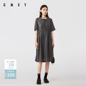 古木夕羊时尚绣花领设计短袖连衣裙女夏季通勤百搭减龄中长裙