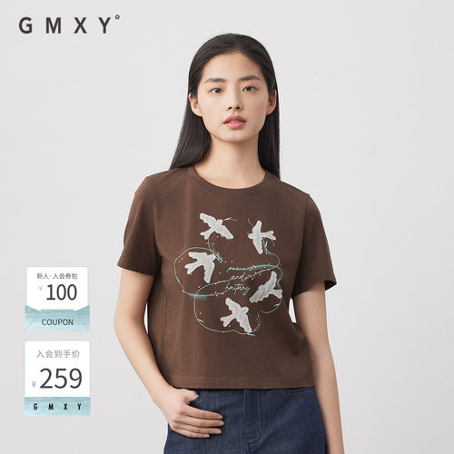 古木夕羊简约纯棉显瘦短袖印花T恤女夏季新款GS530091003