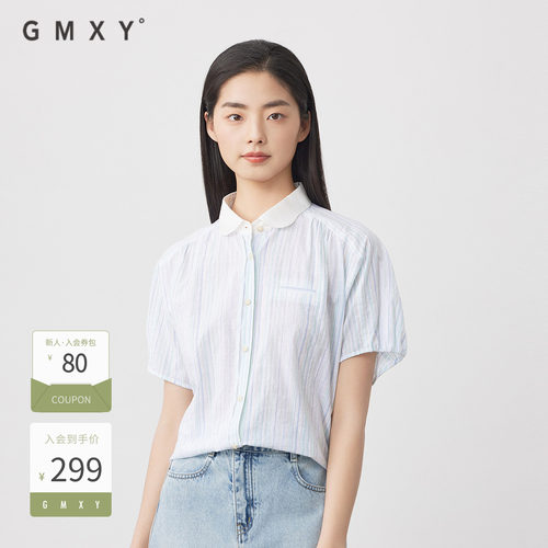 古木夕羊夏季新款减龄修身竖纹设计短袖衬衫女GS530082006