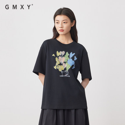 古木夕羊气质简约爱心印花短袖T恤女2025夏季新款GS530091016