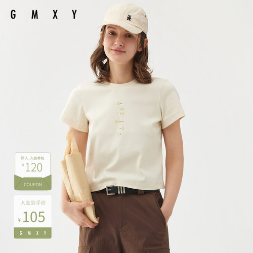 古木夕羊秋季简约纯色百搭圆领印花T恤女GS450091010