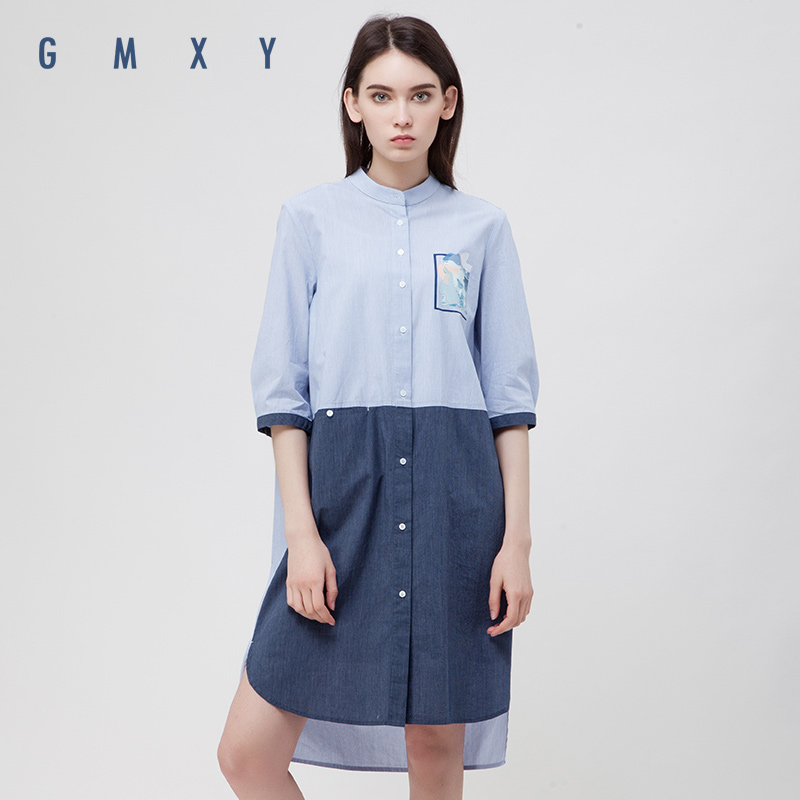古木夕羊/GMXY夏女装新品中长款纯棉条纹拼接七分袖纯棉衬衫裙子