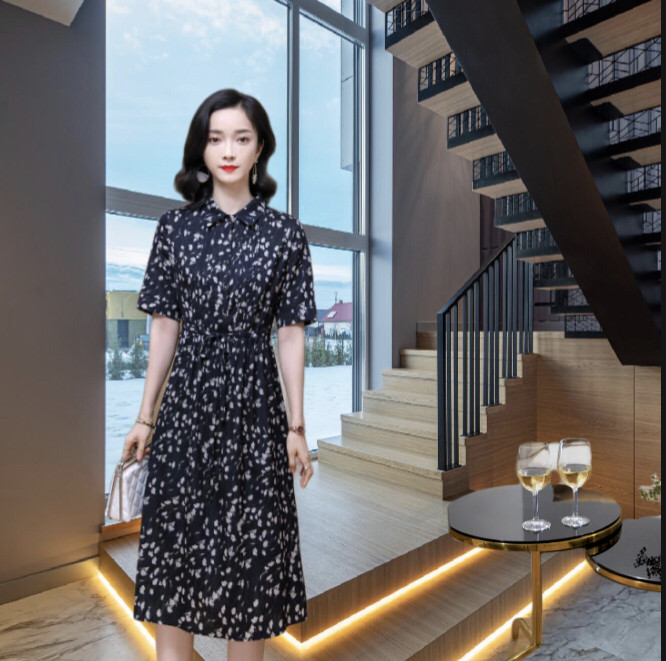 黑白印花衬衫裙子2023新款夏女装系带修身中长款真丝连衣裙