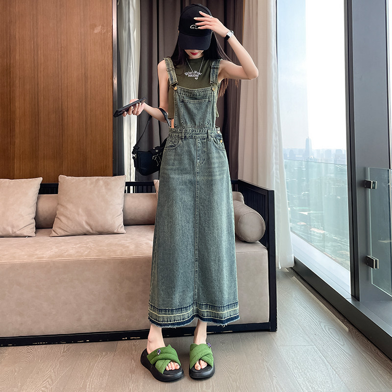 复古开叉牛仔背带裙工装连衣裙子图片