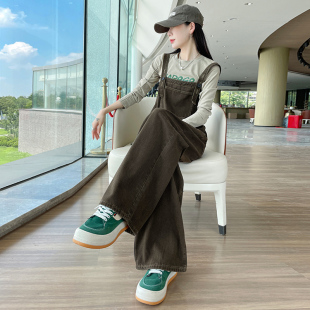 拖地阔腿裤 美式 春秋高腰显瘦宽松工装 女2025年新款 复古牛仔背带裤