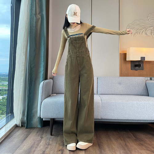 港风牛仔背带裤阔腿裤女减龄显瘦
