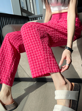 粉红色格子阔腿裤女夏季薄款小个子高腰显瘦宽松直筒九分休闲裤子