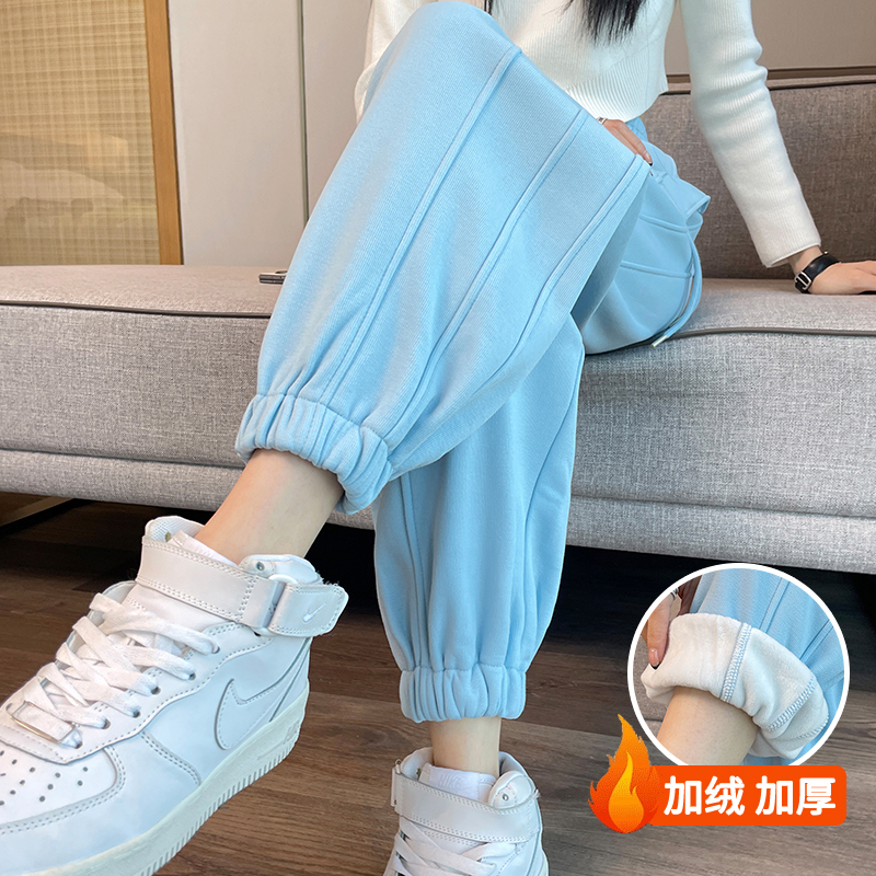 加绒运动裤女秋冬季2025新款高腰显瘦宽松跑步休闲哈伦束脚卫裤子