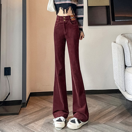 复古灯芯绒微喇裤子女秋冬2025新款高腰显瘦加绒加厚雪尼尔喇叭裤