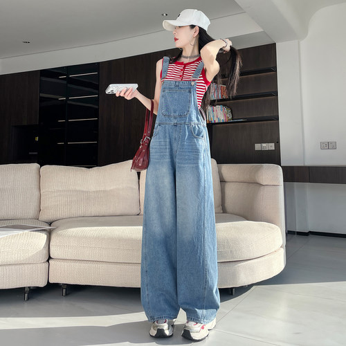 减龄牛仔背带裤阔腿裤女宽松显瘦