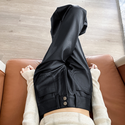 黑色皮裤宽松PU皮美式阔腿拖地裤