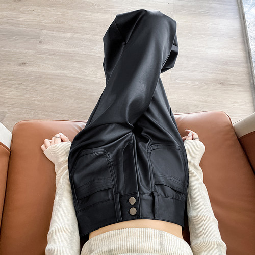 黑色皮裤宽松PU皮美式阔腿拖地裤