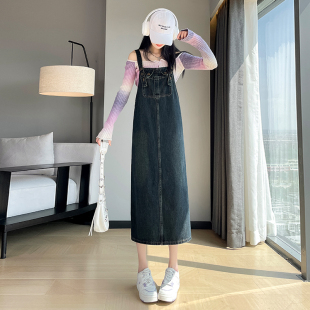 复古减龄牛仔背带裙女春秋2025新款高腰显瘦a字盐系中长款连衣裙