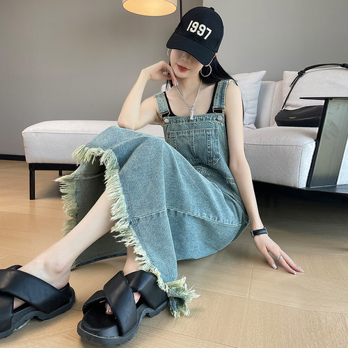 法式流苏牛仔背带裙子女宽松显瘦