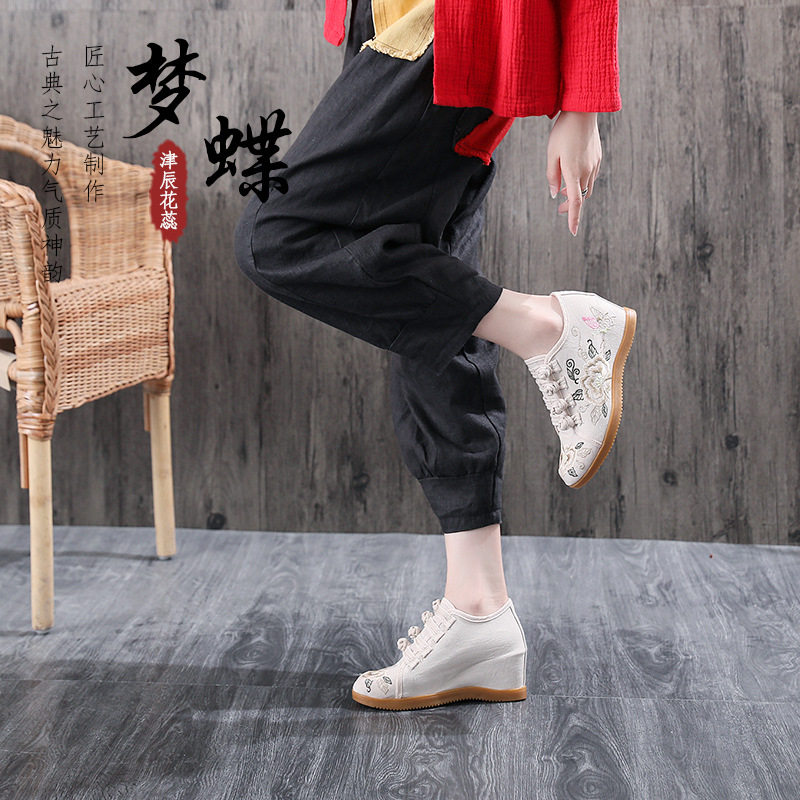 34-41码新品春秋款单鞋麻棉绣花布鞋女民族风广场舞6厘米内增高潮