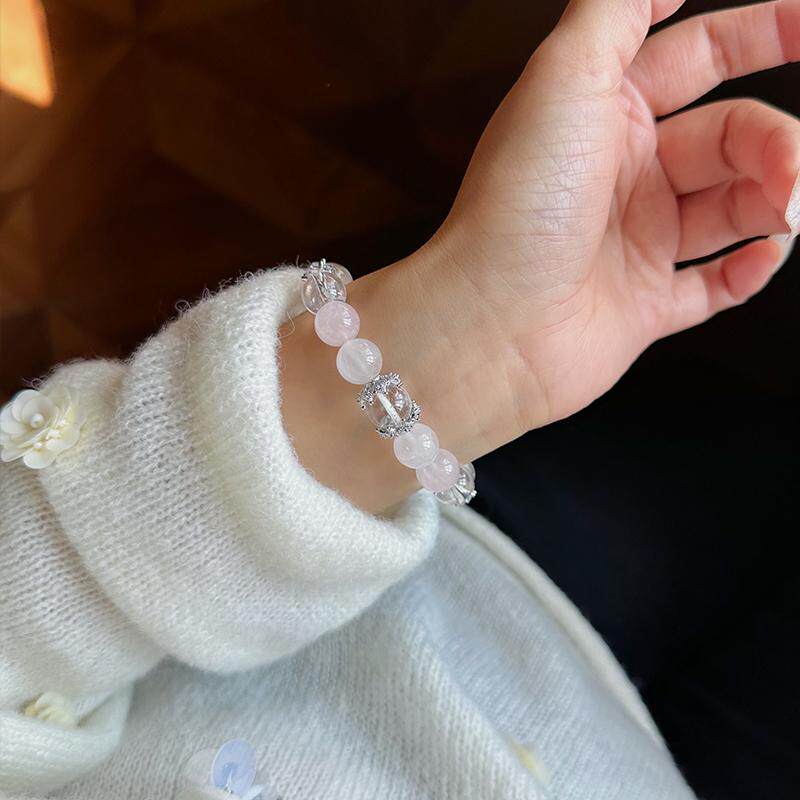 天然白水晶手链女巴西原石粉水晶白色雪花珠子转运水晶手串送礼物